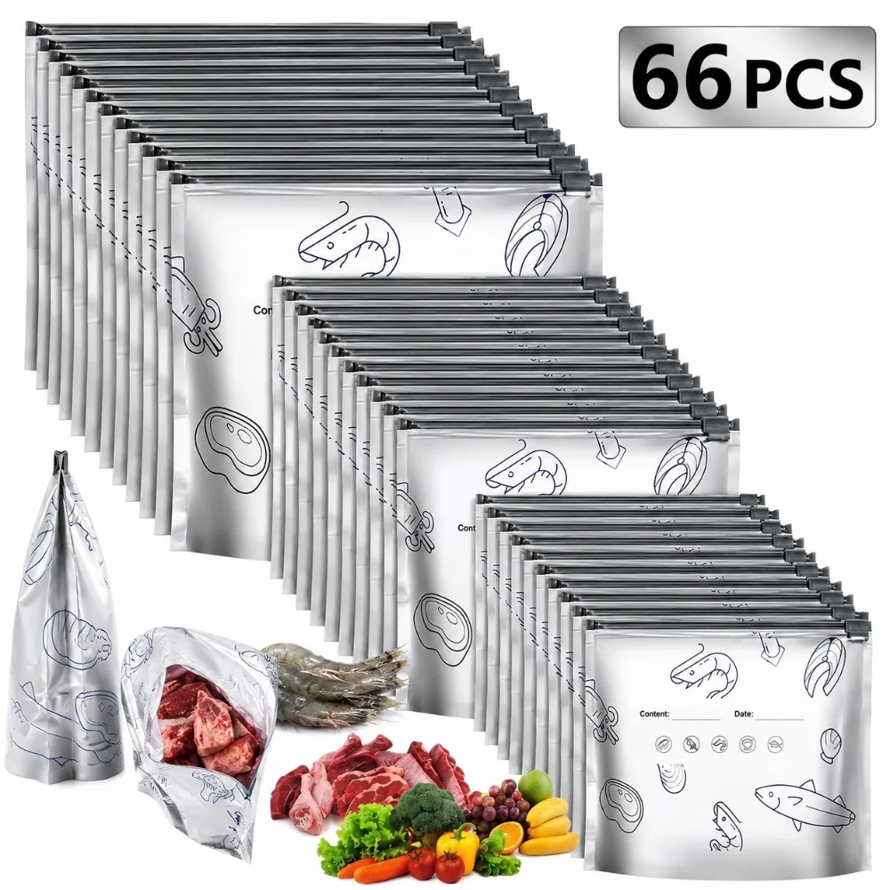 66Pcs Aluminum Foil Food Storage Bag Resealable Zipper Pouch Freezer Air Fryer Liner Oven Sheet Cutter Kitchen Accessories Tool
