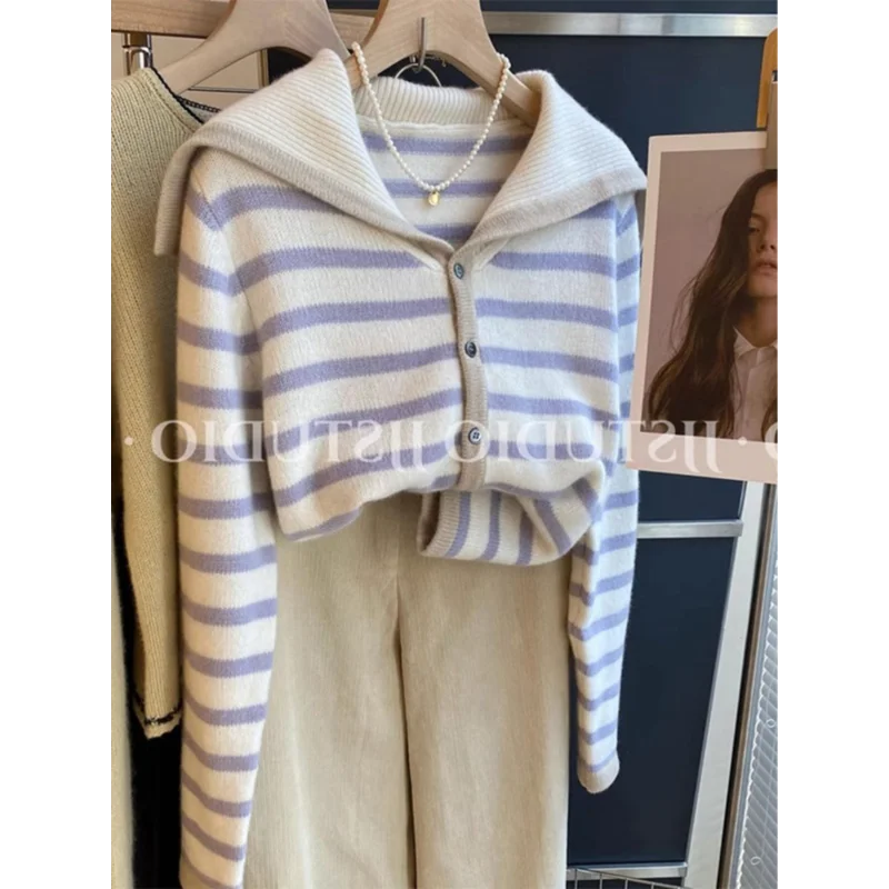 

Navy Style Lapel Single Breasted Striped Knitted Cardigan Sweater for Women 2025 Autumn New Style