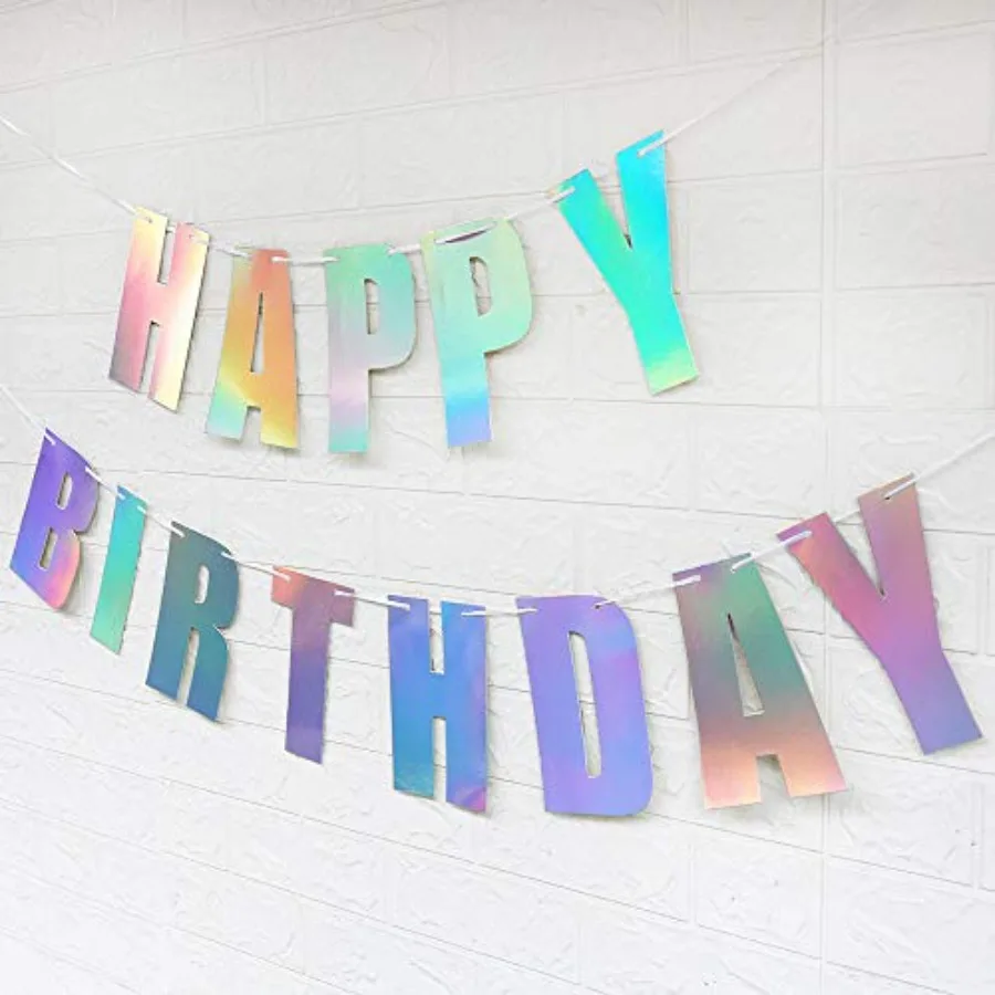 Pre-Strung Iridescent Happy Birthday Banner, NO DIY,Holographic Hanging Bunting Hanging Party Decorations Vibrant Party Sign