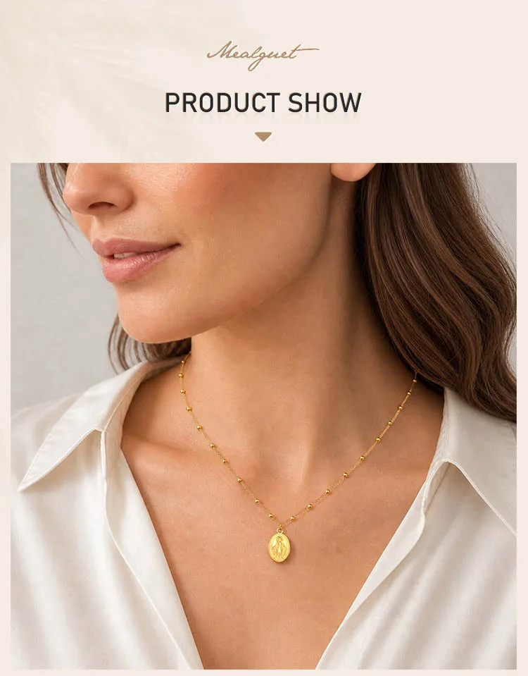 Halskette mit Jungfrau-Maria-Medaille, 18K Vergoldeter Edelstahl, Perlenketten-Stile für Katholisches Geschenk – Detail 1