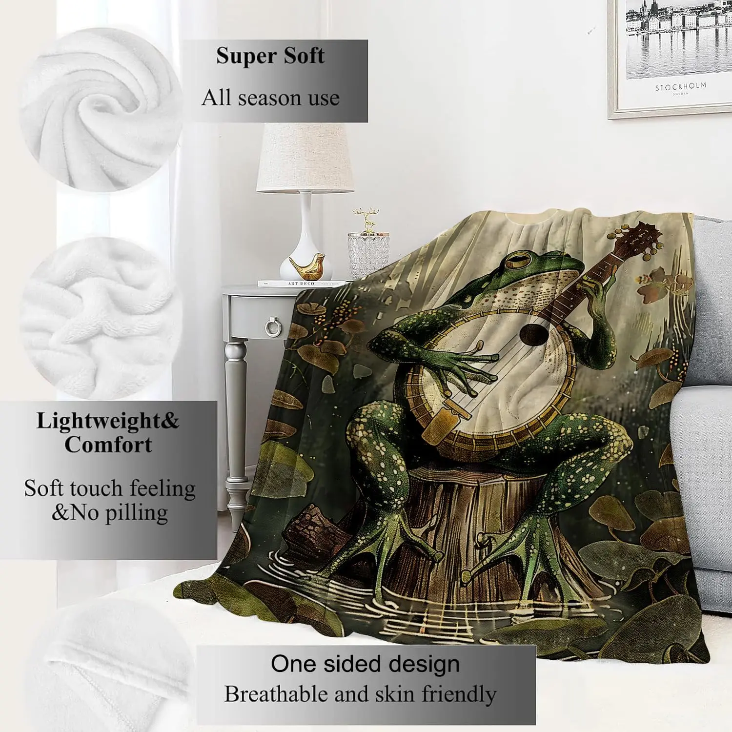 Banjo-Playing Frog Blanket Whimsical Woodland Throw Blankets with Musical Animal & Moonlit Swamp,Birthday Gifts for Kids Adult