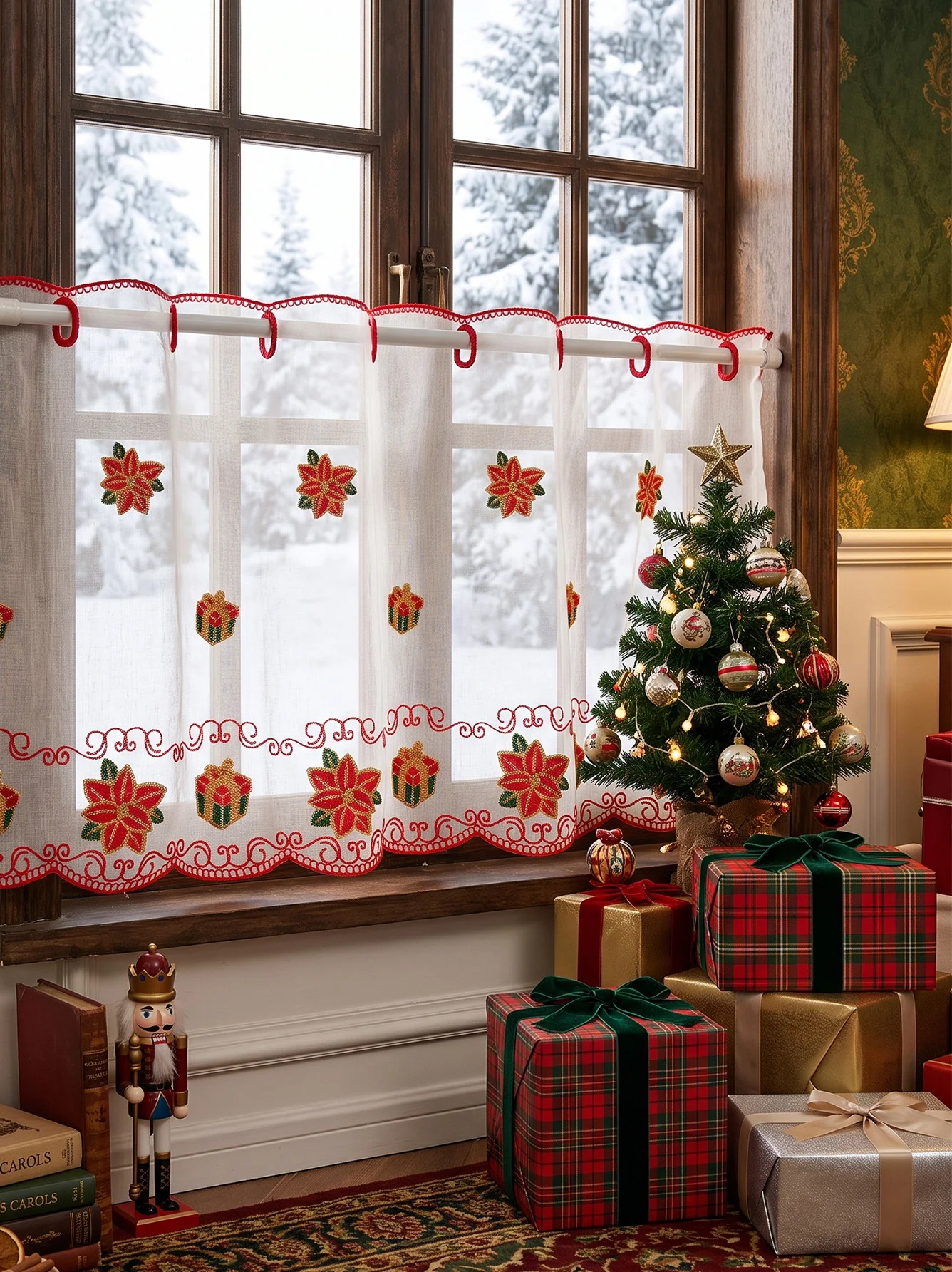 Embroidered Poinsettia Christmas Lace Valance, Semi-Sheer Loop Top Window Valance with Gift Box Embroidery, Xmas Kitchen Window