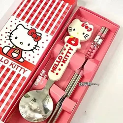 Sanrio Kawaii Anime Hello Kitty Chopstick Spoon Fork Cute Cartoon Kt Cat Student Portable Tableware Lovely Gifts for Kids