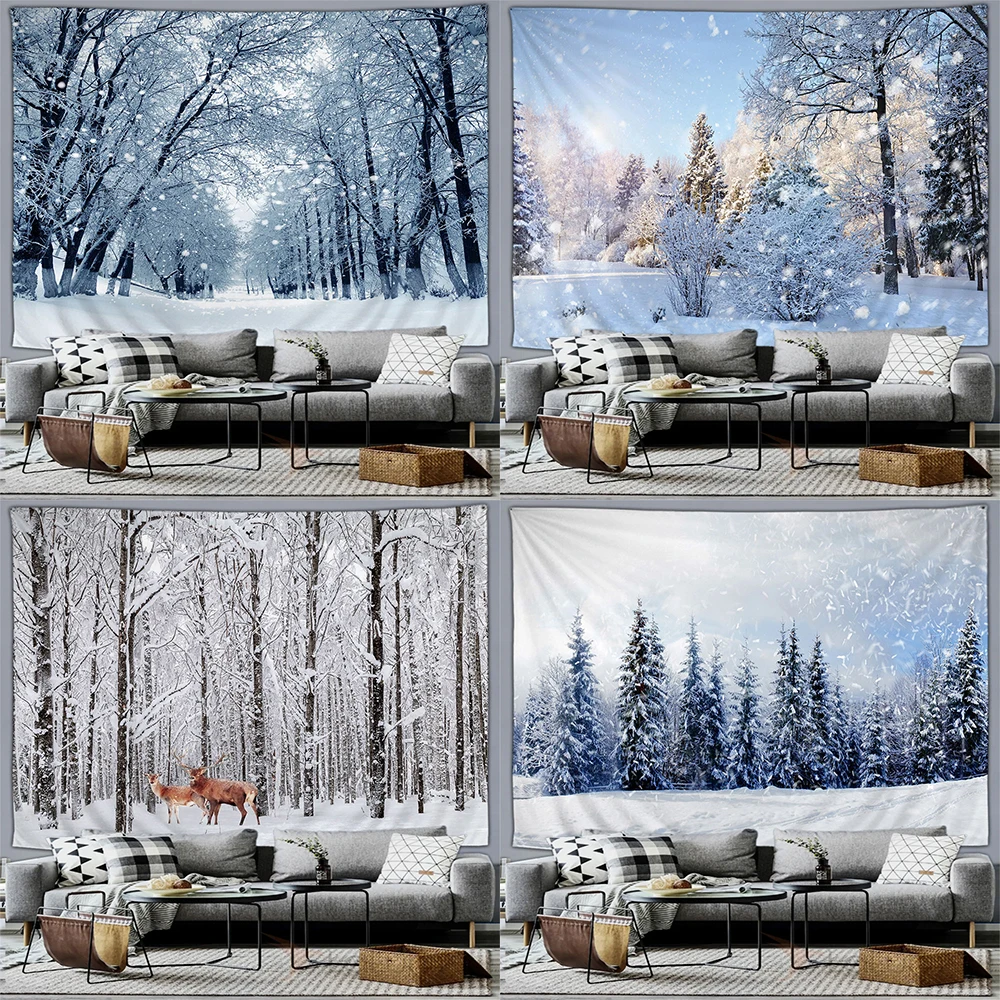 Winter forest snow scene tapestry wall hanging home bedroom living room  mural decorative background cloth 