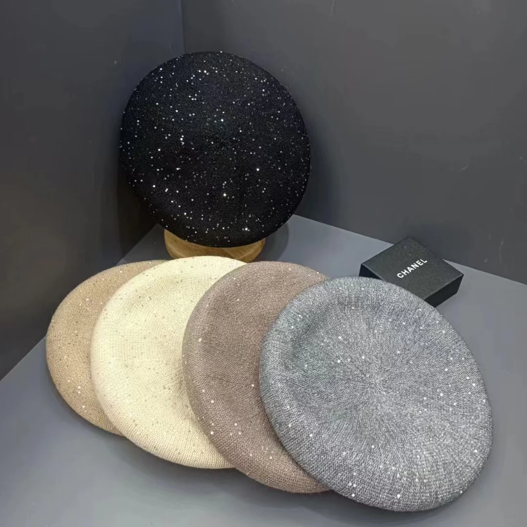 2024 autumn and winter new velvet sequined beret women\'s versatile face enhancing small artist hat trendy and fashionable hat