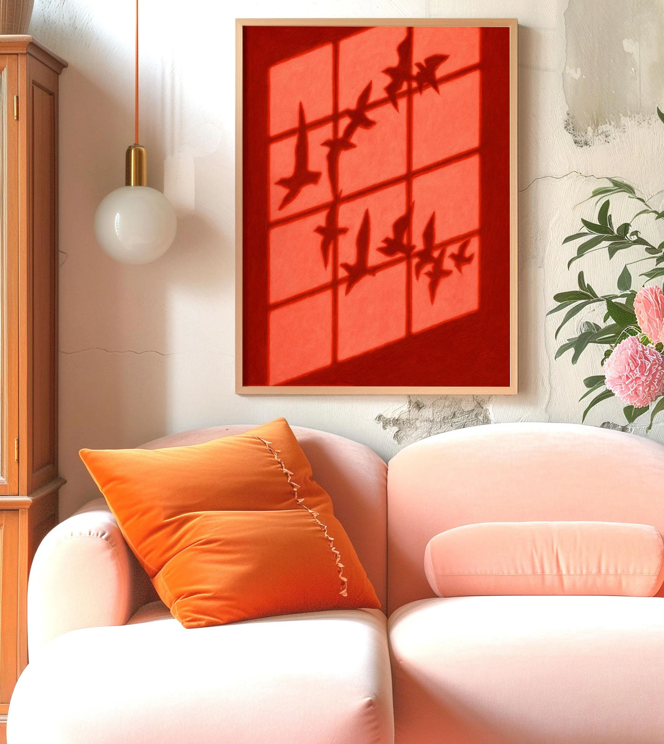 Modern Abstract Red Bird Flock Shadow Poster - Unframed Vibrant Maximalist Canavs Poster for Living Room and Bedroom Decorations
