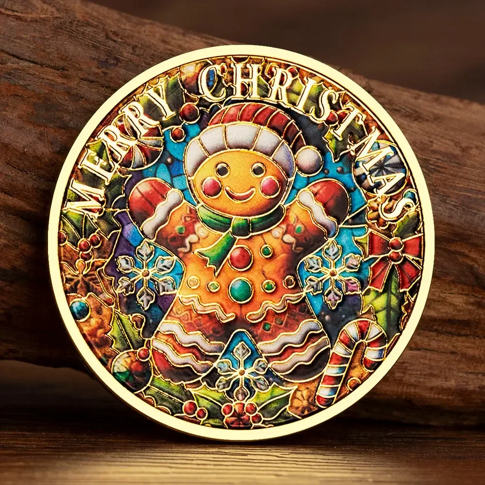 Gingerbread Man in Christmas Hat Golded Collectible Coins Snowflake Cane Xmas Tree Present for Kids Souvenir Coin