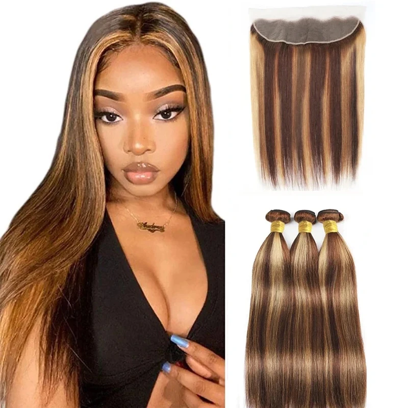 Honey Golden Hair-Mèches de cheveux lisses et brillants, 4x4, attachées sans bancs, adaptées aux femmes noires, # P4/27, 3 lots