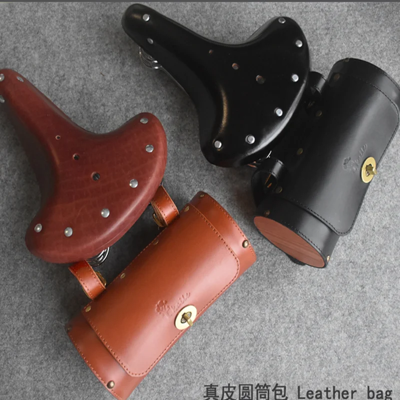 G122 Bicycle Electromechanical Tail Bag 100% Head Layer Cowhide Retro Cylinder Leather Bag Cycle Leather Bag