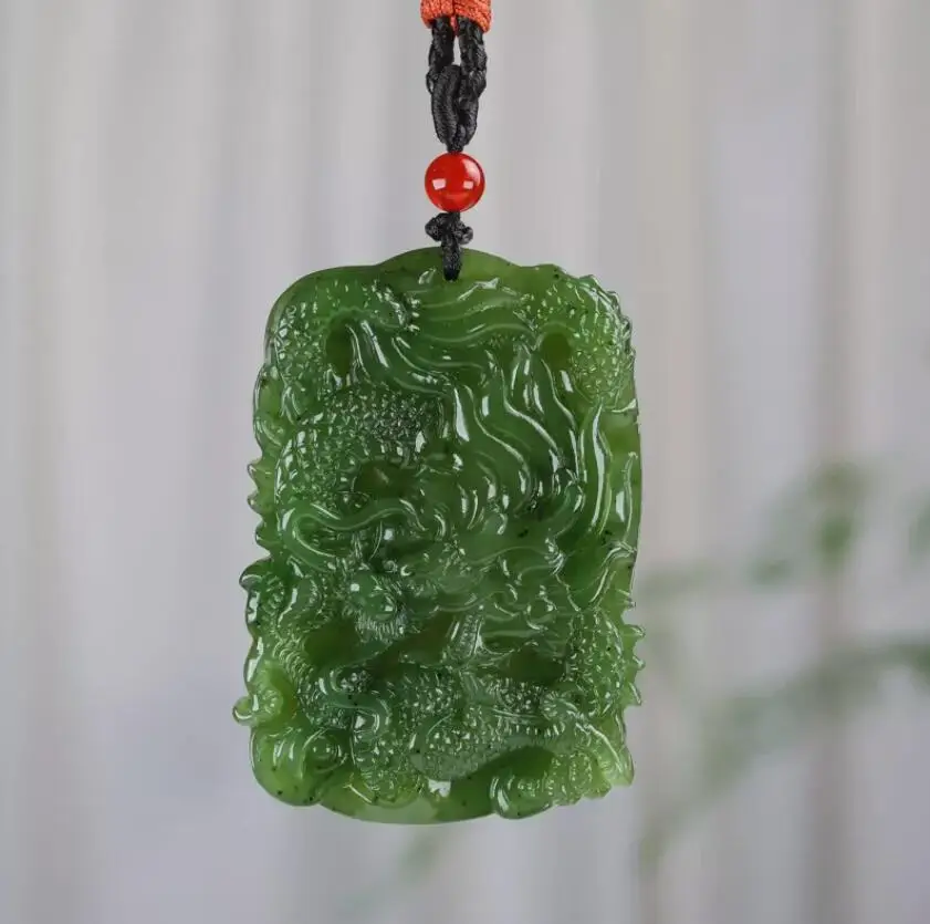 Chinese Natural Grade A Green HeTian Jade jadeite Hand-Carved pendant Dragon