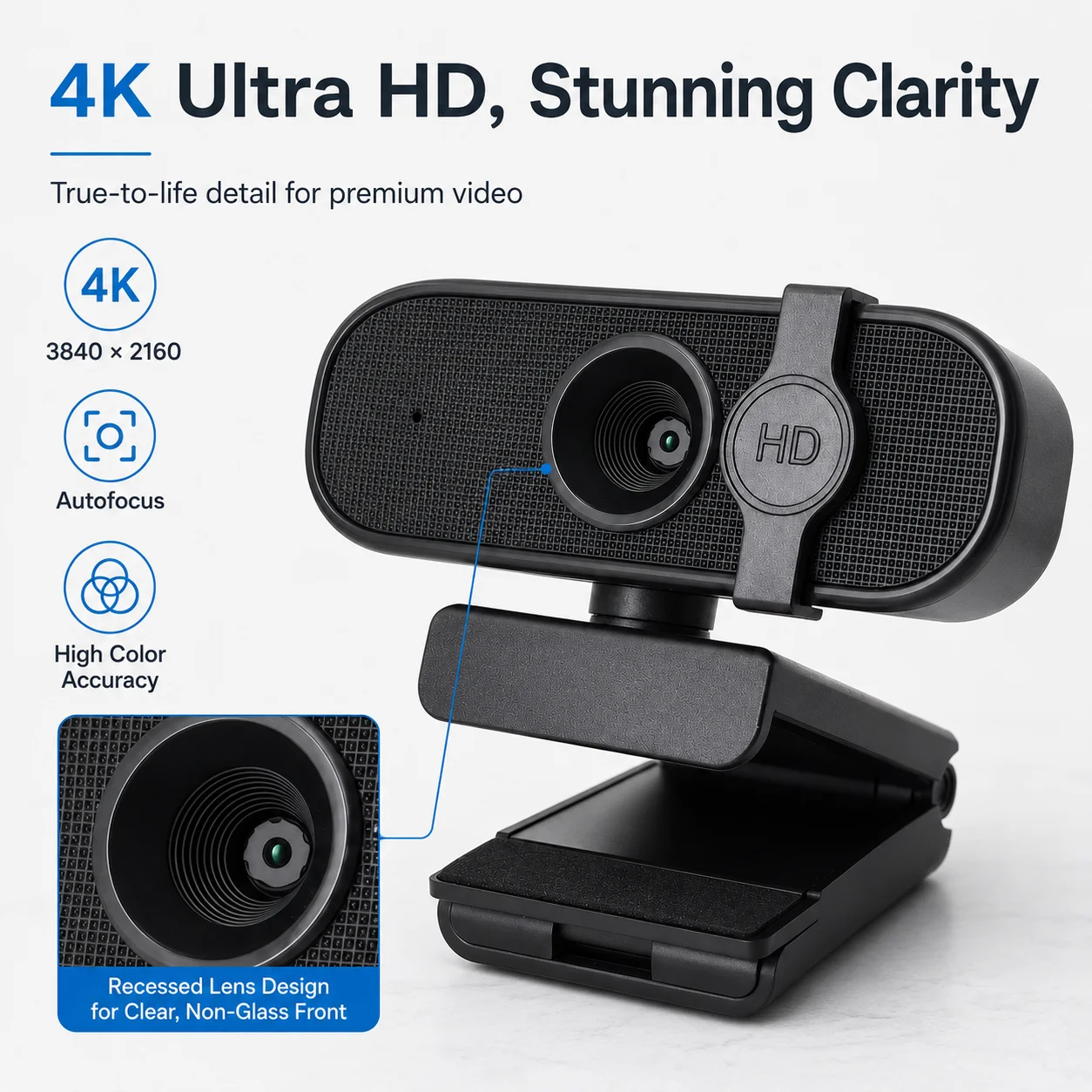 EXHQDR Q2 4K 1080P Webcam, Autofocus/Fixed Focus, Privacy Cover, USB Plug & Play for PC Laptop Streaming Video Conference