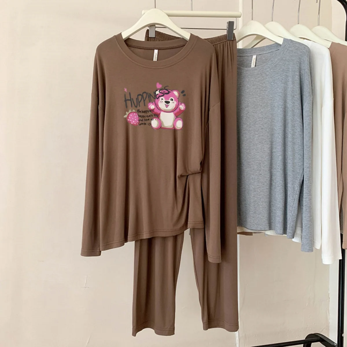 

A64 Modal Pajamas Women's Spring and Autumn New Casual Round Neck Long Sleeve Plaid Breathable Homewear Set