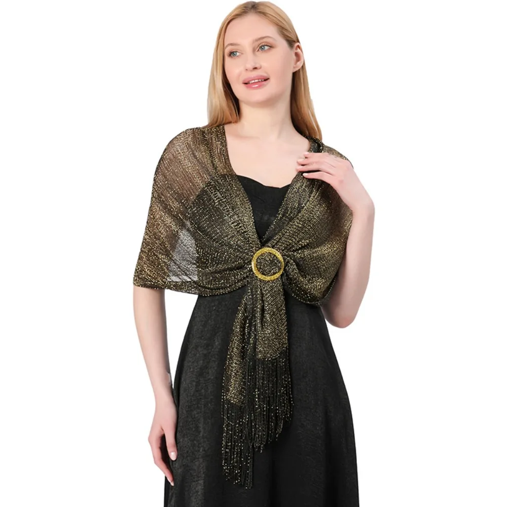 Modischer Brautschal mit Metallic-Effekt für Hochzeiten und Partys, mit Schnalle, Abendkleider-Schal, Brautjungfern-Schal in Gold und Silber, Glänzende Schals – Detail 9