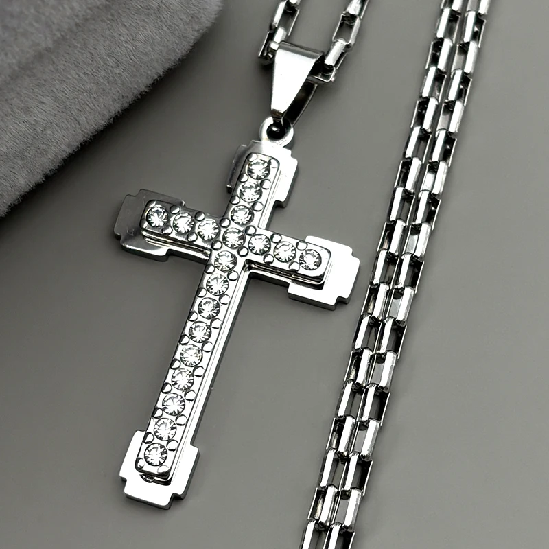 

Christian Jesus Cross Religious Rhinestones Necklace for Women Men Gold Color Stainless Steel Pendant Necklaces Chain Jewelry