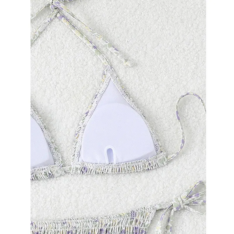 Sexy gravata halter flor roxa impressão enrugada conjuntos de biquínis duas peças tanga banho biquini conjunto de biquíni tankini beachwear