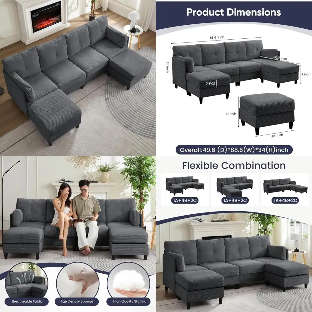 Трансформируемый U-образный секционный диван с 2 пуфиками, 4-местный диван для гостиной, вельветовая ткань, удобное решение для сидения