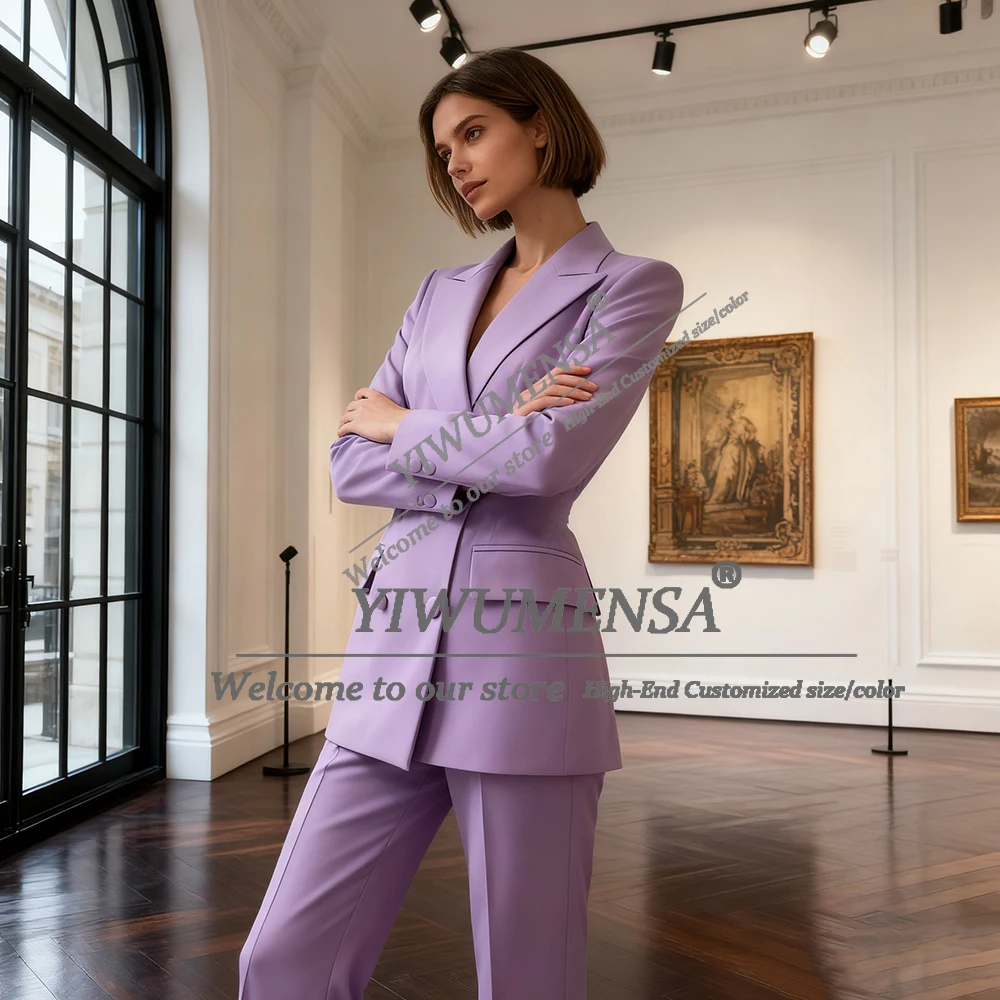 Klassiek paars effen pak dames 2-delige sets dubbele rij jas broek aangepaste dame zakelijke kleding vrouwelijke feestblazers