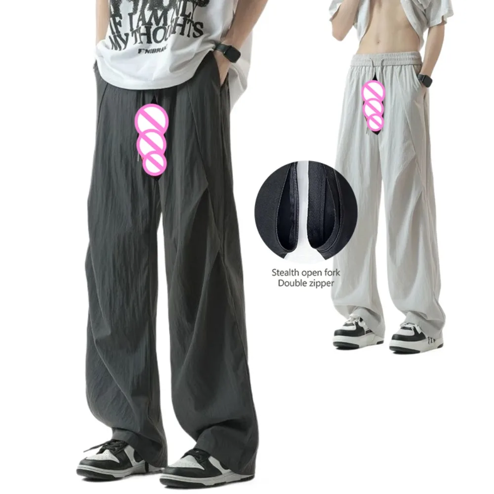 Invisible Open Crotch Outdoor Sex Pants Men's Thin Pleated Loose Slacks Charging Pants Quick-drying Summer Paratrooper Pants
