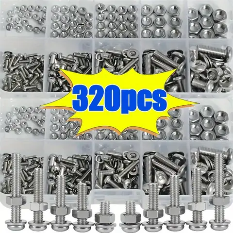 Conjunto de Porcas e Parafusos Hexagonais - 320 peças/120 peças, tamanho métrico durável M2 - M5, kit de ferragens universal para projetos DIY e reparações.