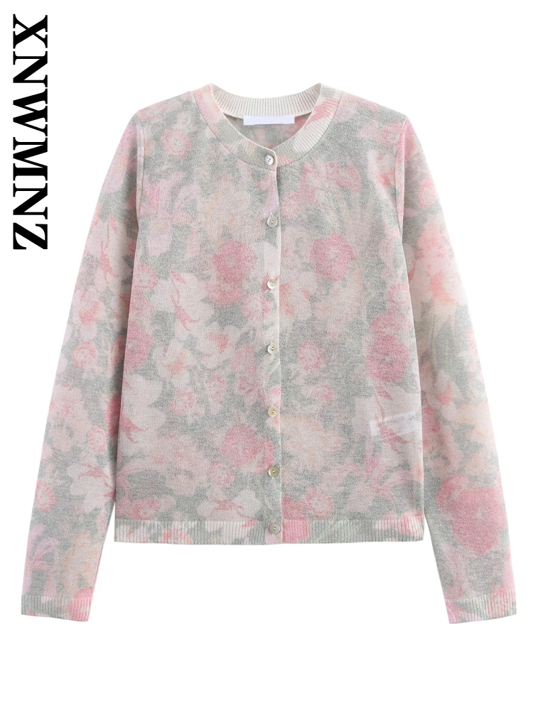 

XNWMNZ 2025 Spring New Lady Edgy Knit Cardigan Outerwear Fashion Woman Long Sleeve V-Collar Coat Regular Fit Top Ruffles Floral