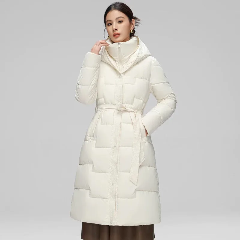 2025 New Winter Women White Duck Down Long Jacket With Belt Female Thick Warm Coat Luxury Slim Parka Hooded Outerwear