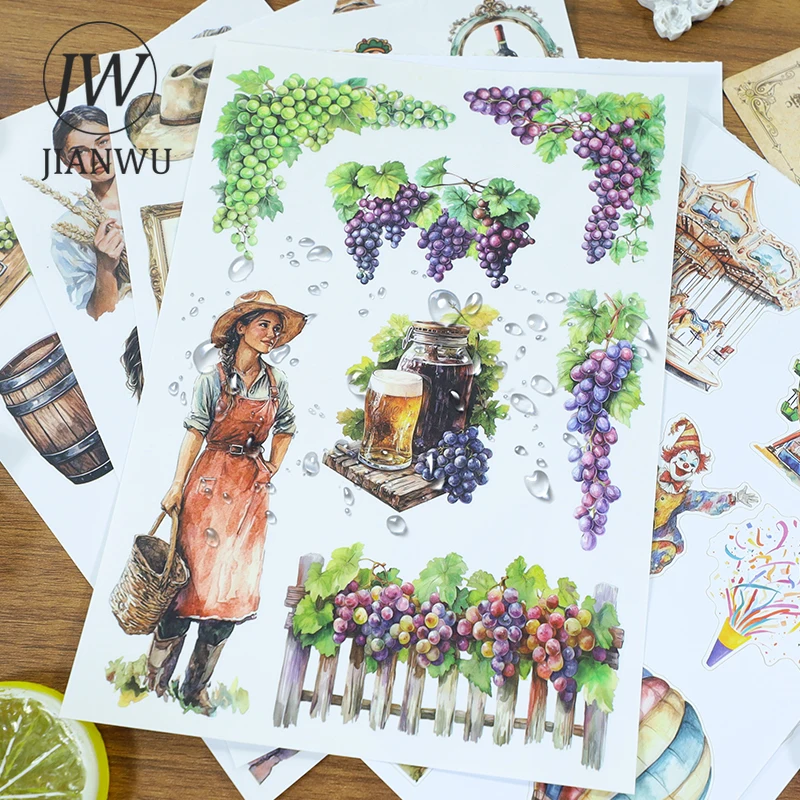 JIANWU Vintage Farm Character Border Label Landscape Material Collage Scrapbook Sticker Book Creative DIY Journal Stationery