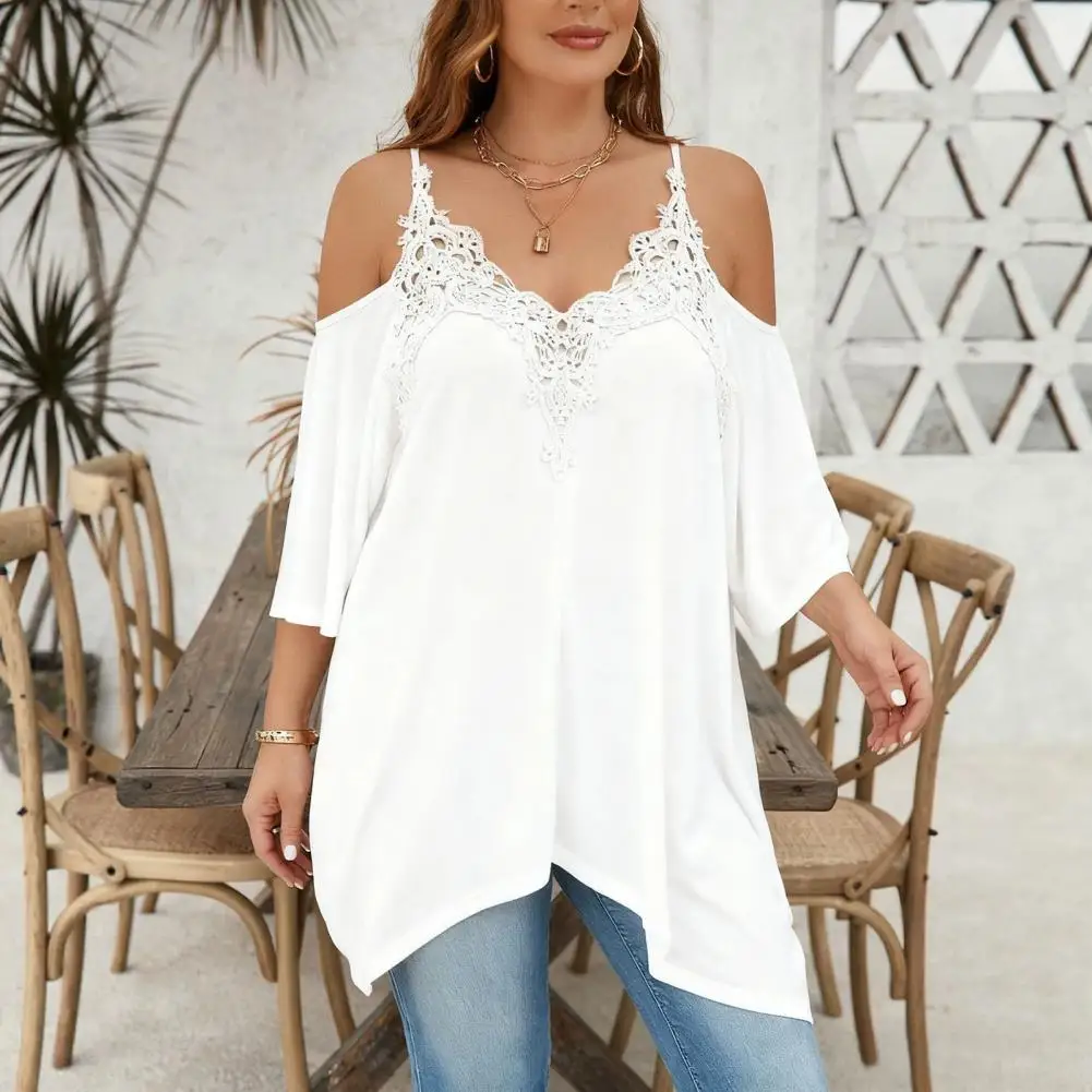 

Women Blouse V-Neck 3/4 Sleeves Off Shoulder Straps Pullover Tops Asymmetric Lace Splicing Pure Color Mid-length Summer Tops