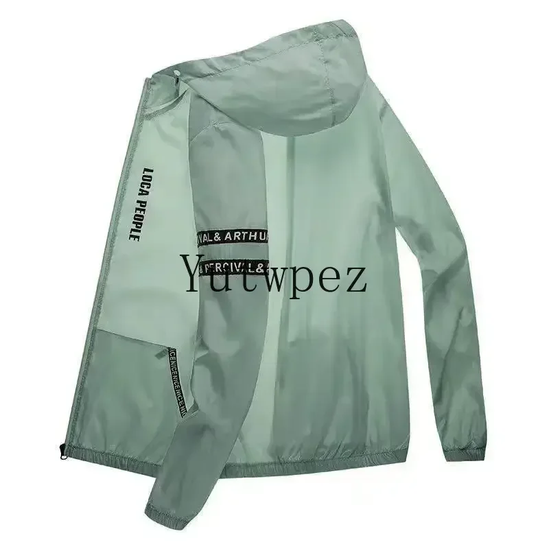 Summer Men's Sun Protection Shirt Thin Quick Drying Hood Windproof Jacket Breathable Letter Print Casual and Versatile Cardigan