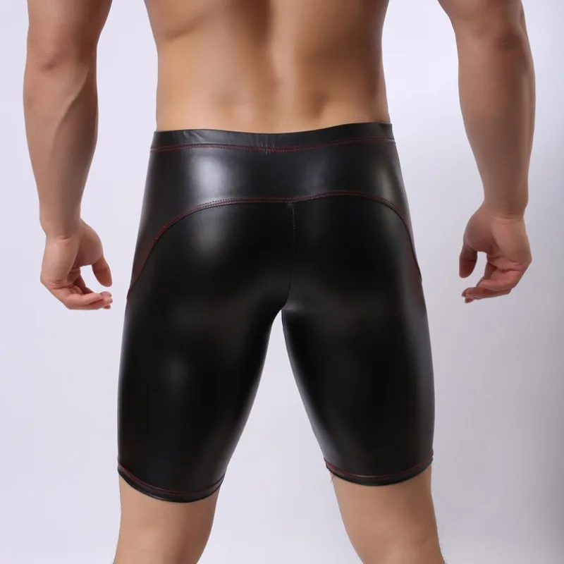 Imitation Leather Underwear Boxer Briefs Men Five Point Shorts Compression Sports Leggings Shorts U Convex Pouch Long Underpants