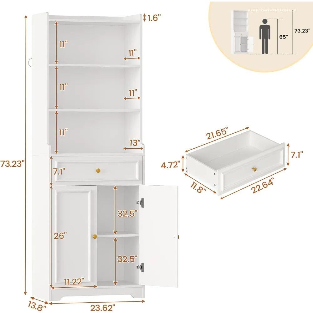 أرفف كتب وخزانة كتب بأبواب وأدراج وأرفف، رف كتب طويل 73 بوصة مع مساحة تخزين، كتب قائمة على الأرض مكونة من 7 طبقات