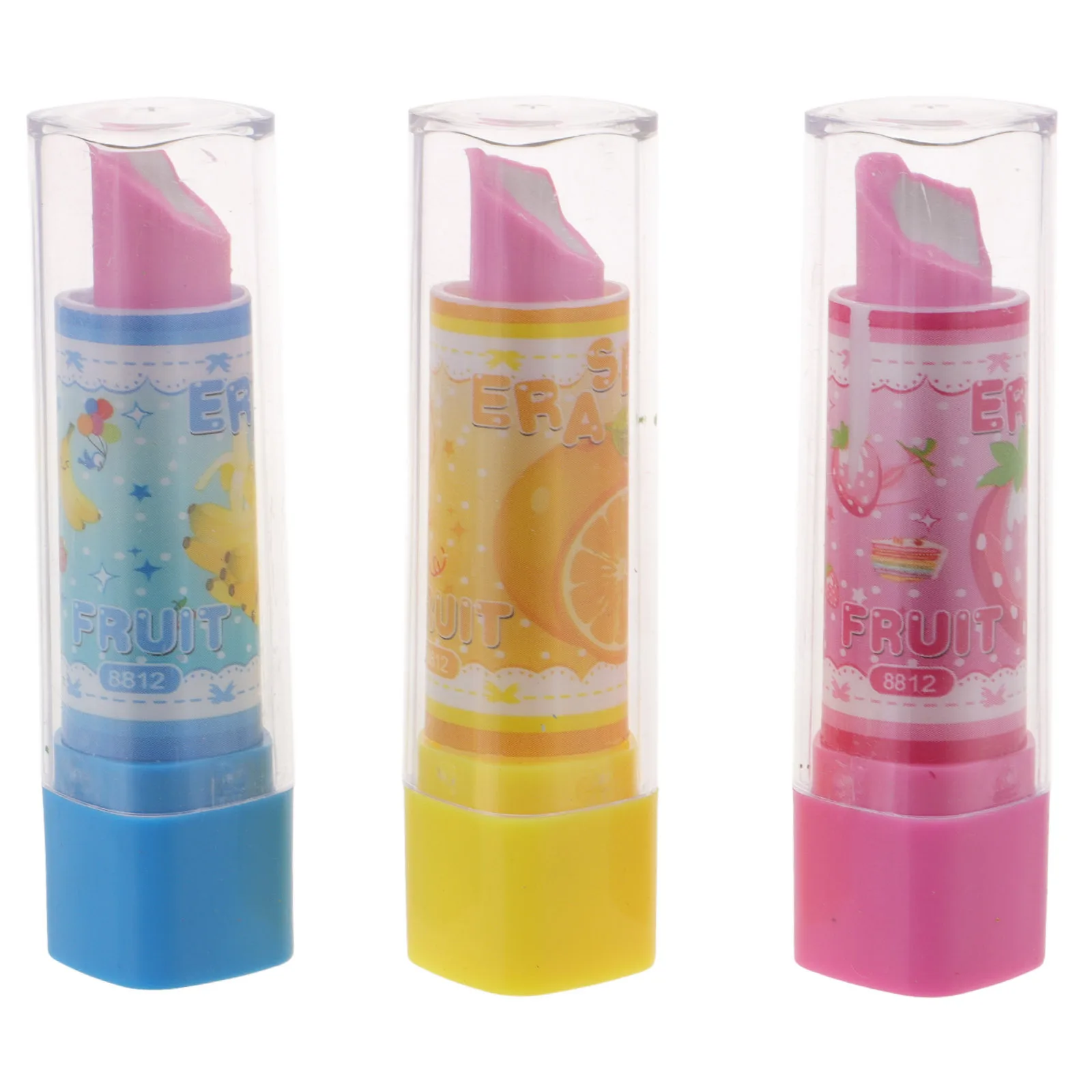 

3Pcs Lipstick Eraser Creative Stationery Colorful Fruit Pattern Cartoon Erasers for Kids Students Novelty Pencil Gift