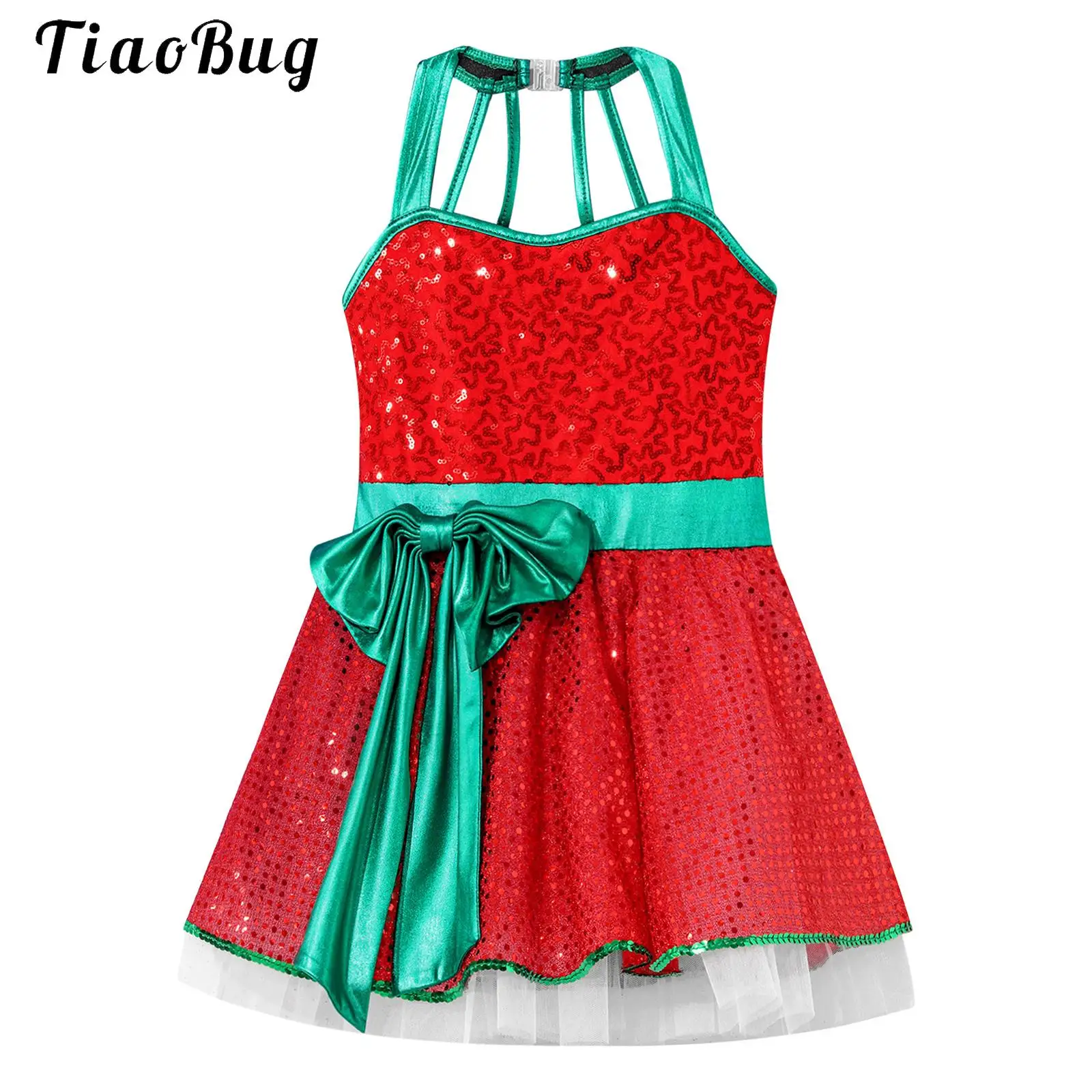 

Kids Girls Christmas Elf Tutu Dress Sleeveless Bowknot Sequin Ballet Dance Leotard Figure Skating Dress Performance Costume Red