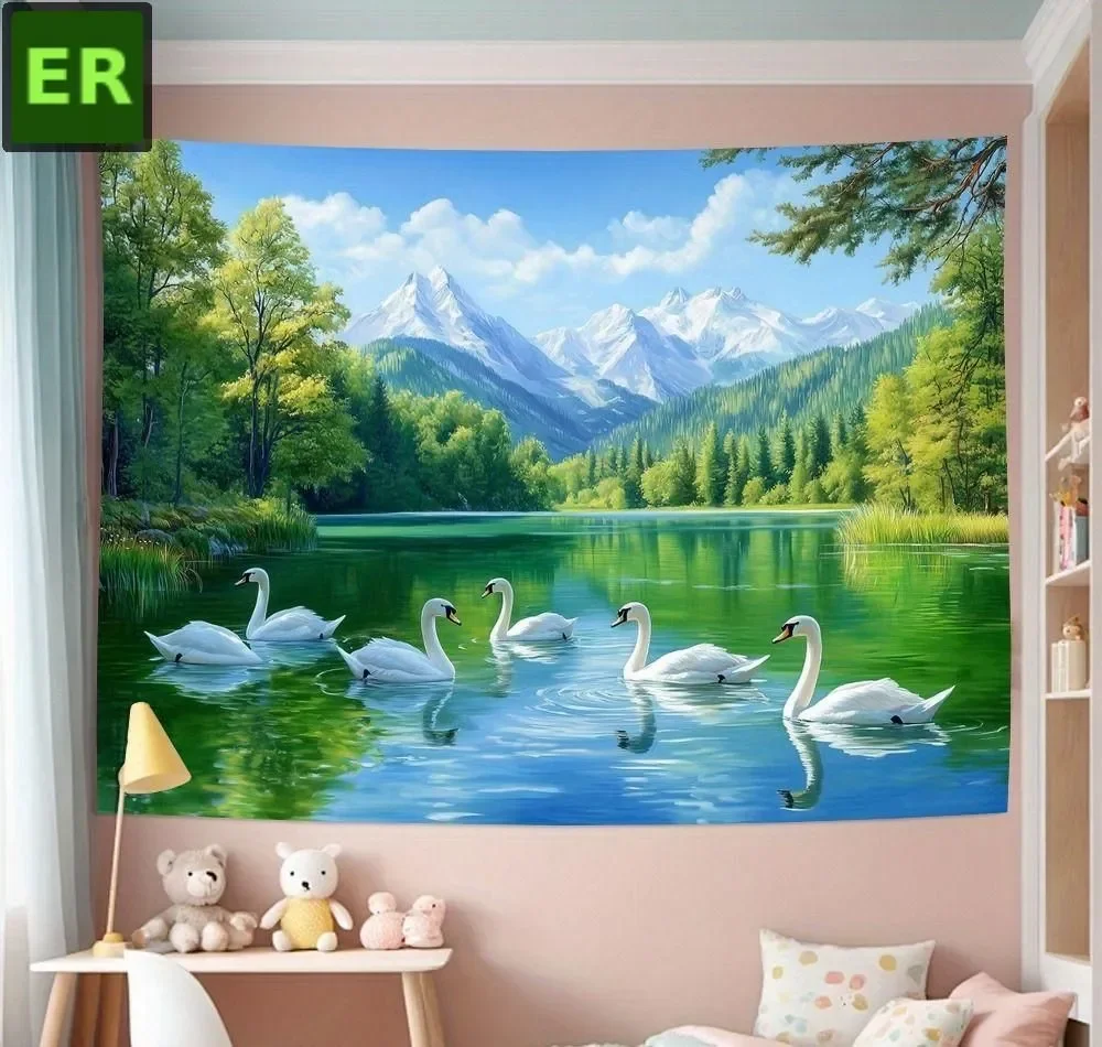 Scenic Lake & Swan Tapestry, Realistic Mountain Forest Wall Hanging, Nature Landscape Decor for Living Room Bedroom Background