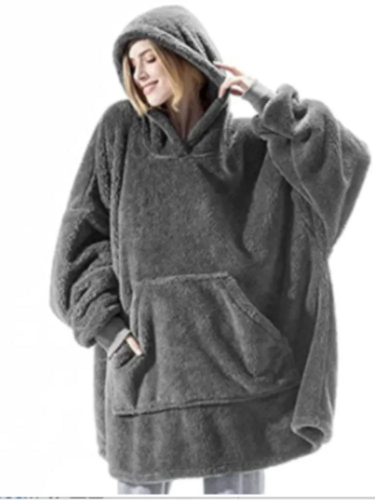 

New 2025 Winter Women Double-faced Fleece Hoodie Blanket Oversize Large Pocket Warm Couple Loose Sweatshirts Women And Men Robe