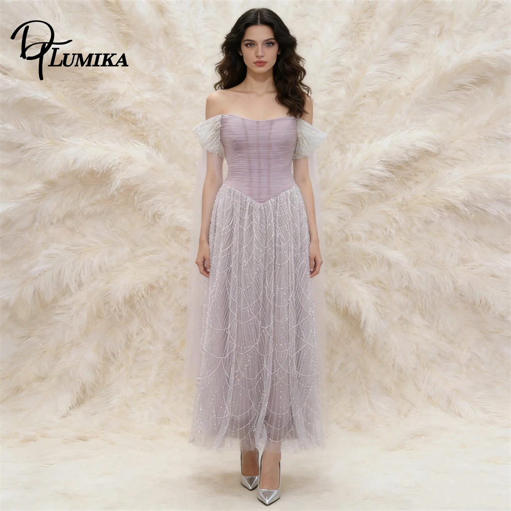 

Women Lavender Off-the-Shoulder Maxi Dress Beaded Tulle Skirt Formal Club Party Trendy Eye-Catching Whimsical Outfit