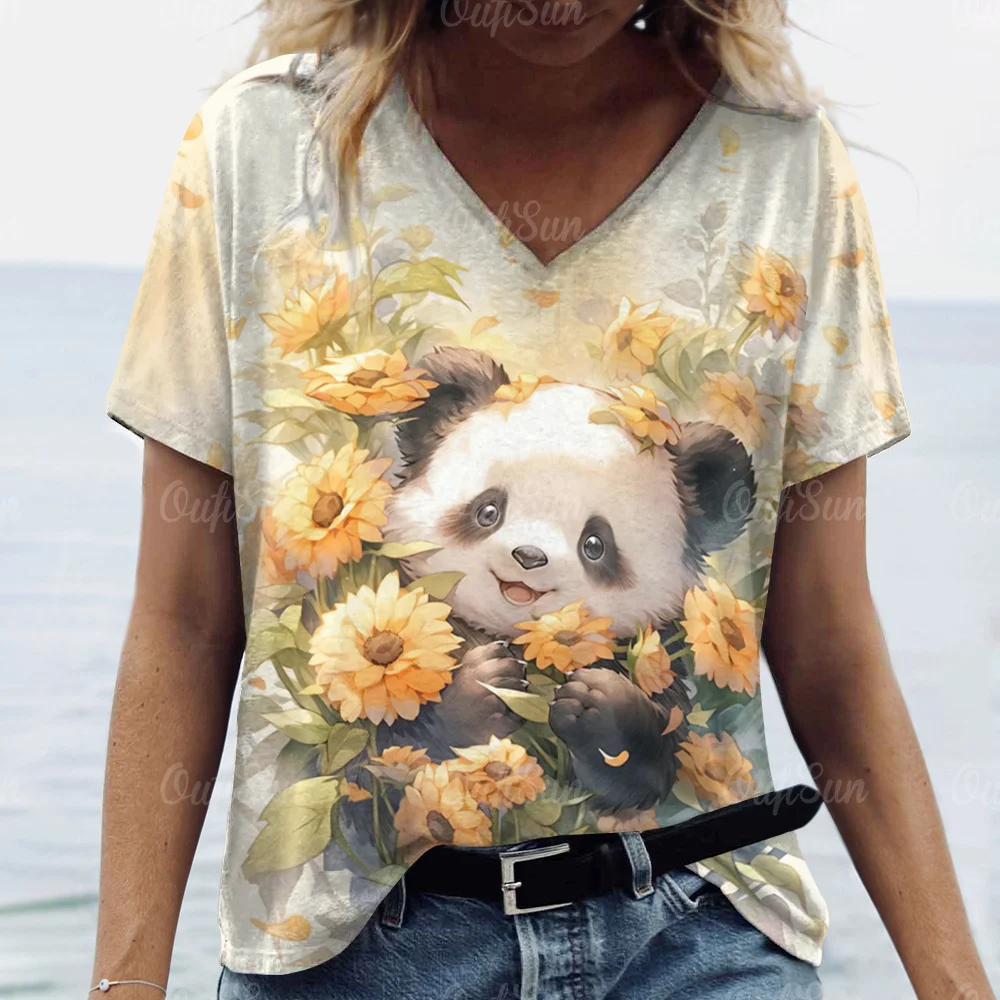 2024 Kawaii Women T-shirt Cartoon Panda Print Top Plus Size Women's Trend Clothing Fashion Short Sleeve Shirt Women V-Neck Tee