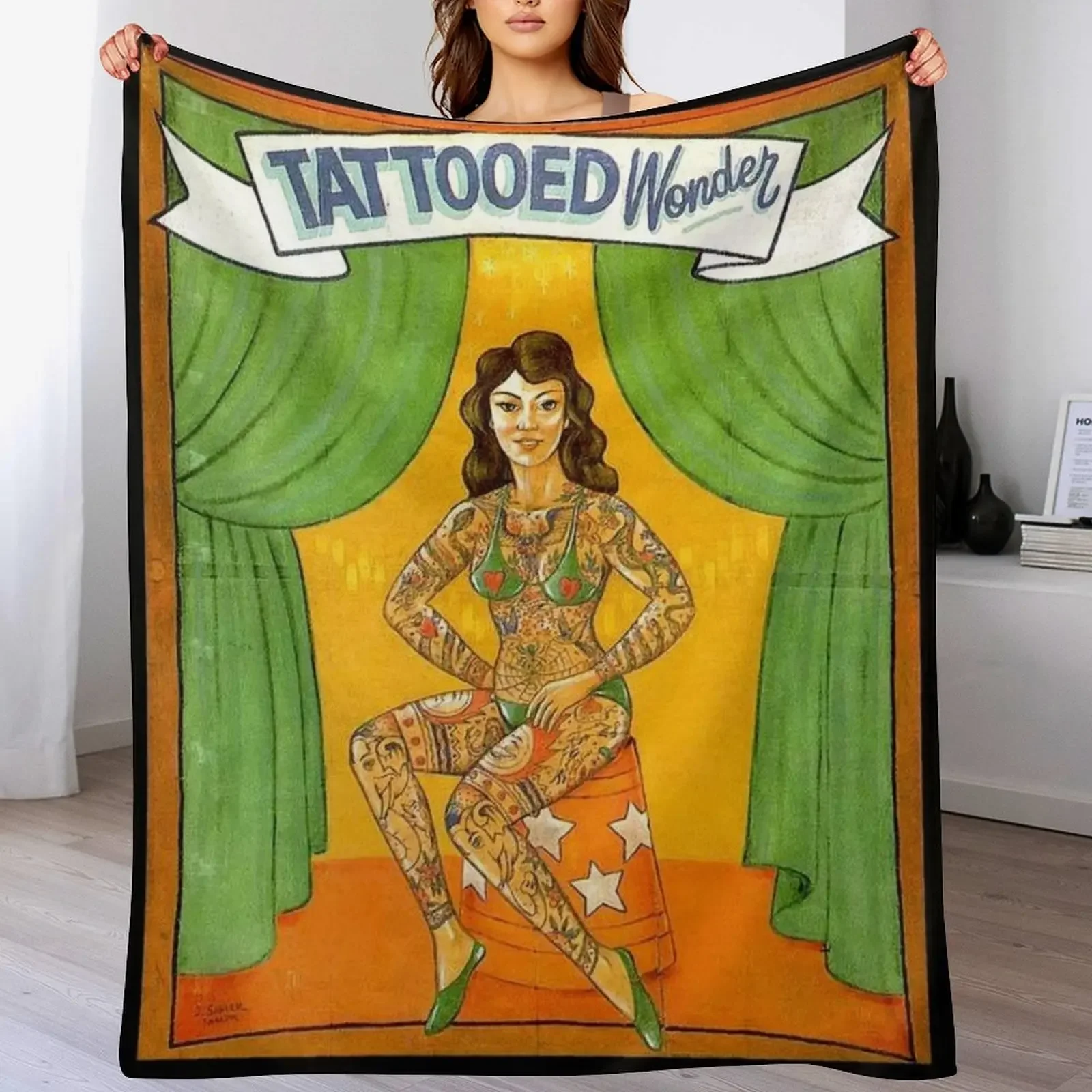 TATTOOED WONDER : Vintage Circus Sideshow Advertising Print Throw Blanket Spring Fall Cozy Throw Blanket for Couch