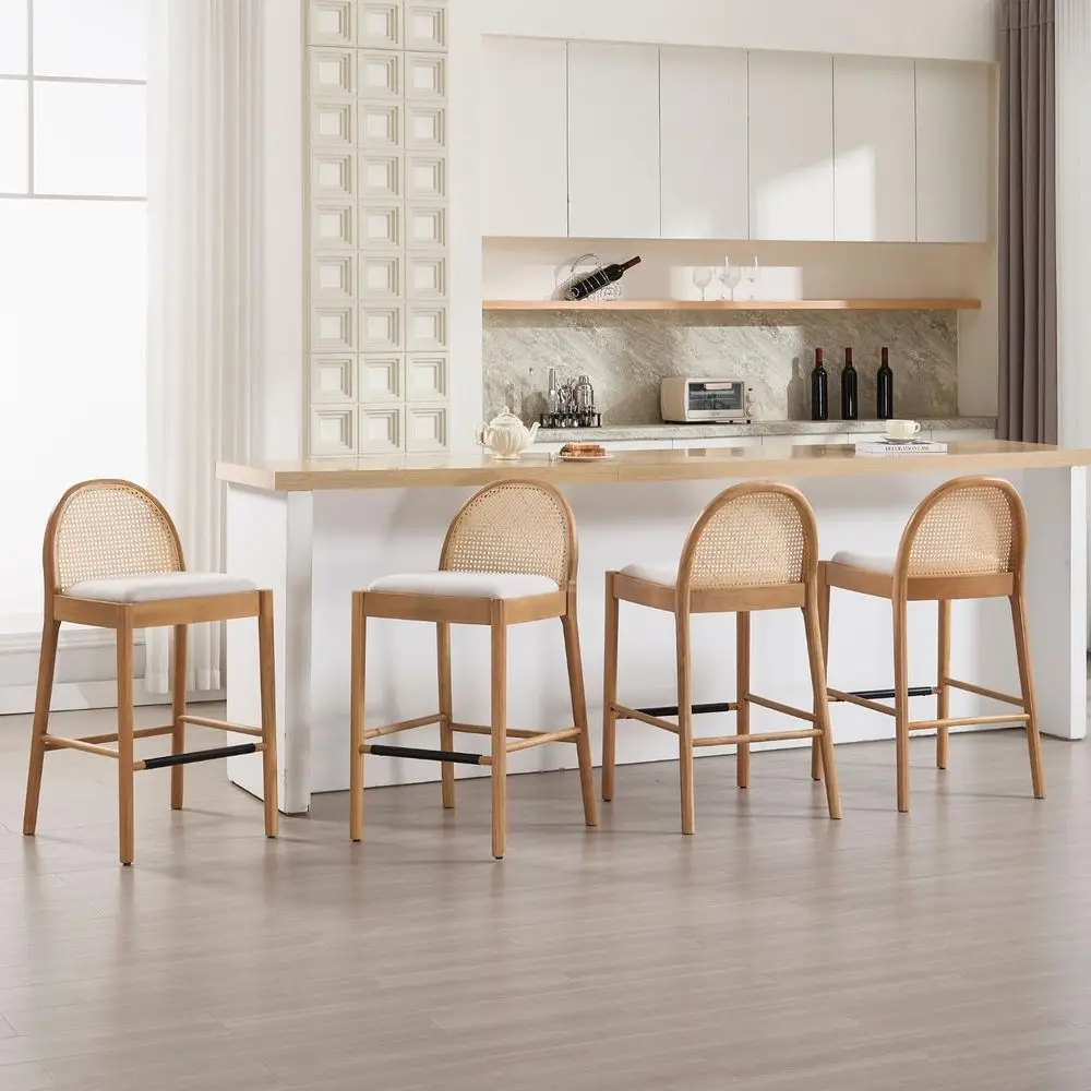 

Rattan Bar Stools Set of 4, Modern 30 Inches Counter Height Bar Stools with Rattan Backrests and Wood Legs, holstered Linen K