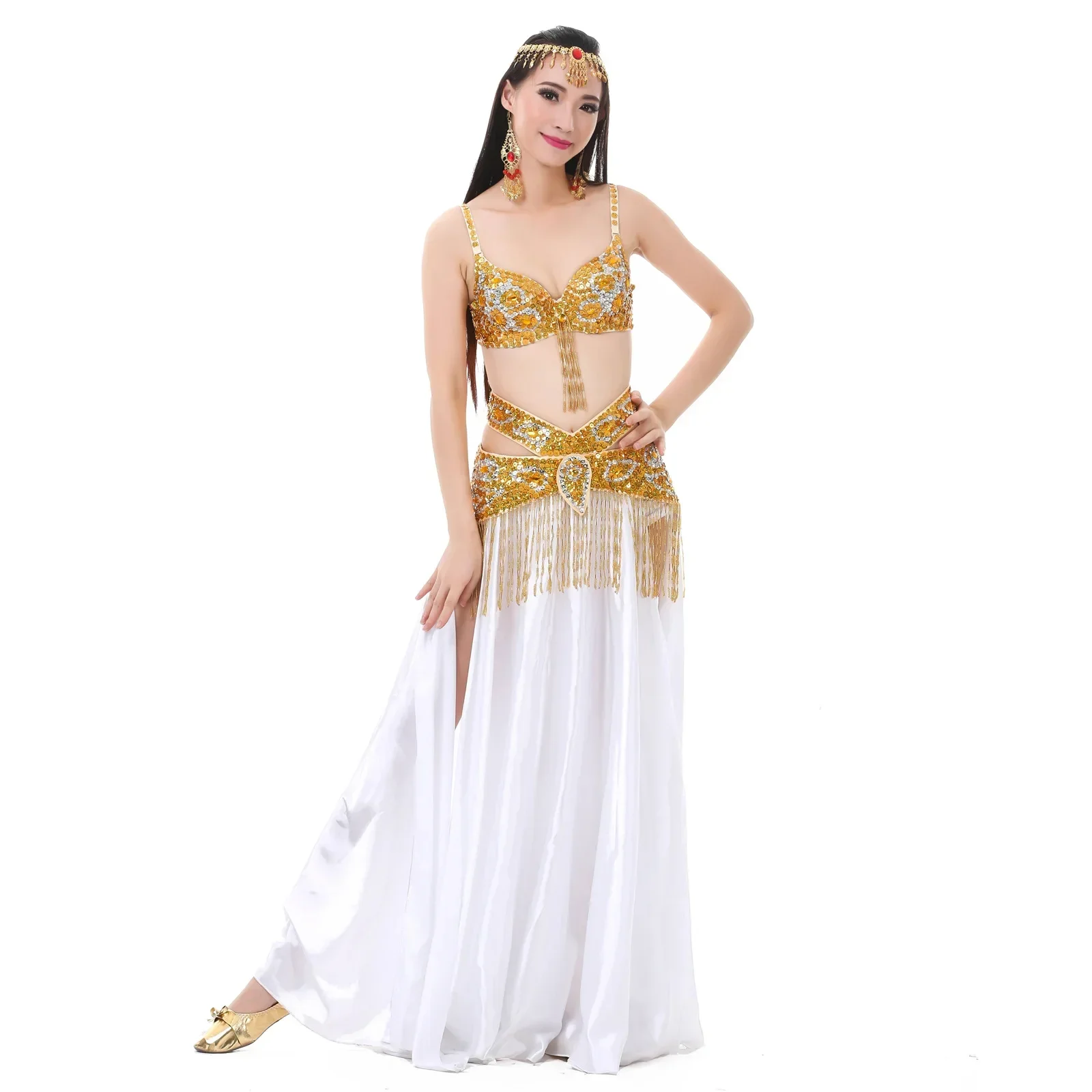 Abito da spettacolo di danza con ricamo di perline fatto a mano Set di gonne colorate a doppia fessura per costume da spettacolo estivo di danza del ventre