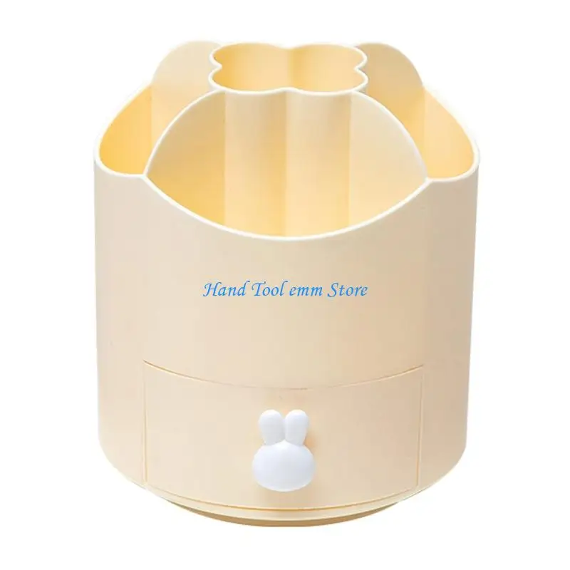 H37F 360 Degree Rotating Pen Stand 5 Compartment Pen Organiser with Drawer for Desk
