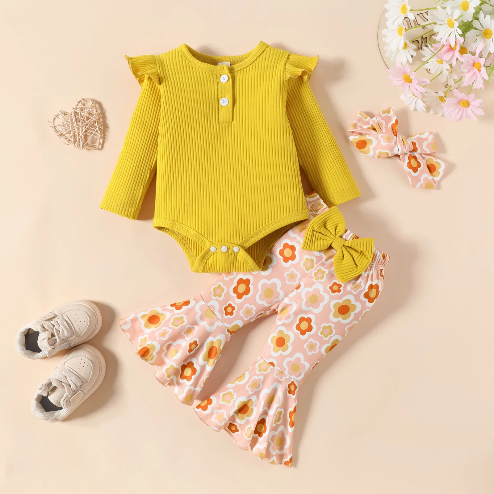 3 6 9 18 Months Infant Baby Clothes Girls 3Pcs Autumn and Winter Long Sleeve Ribbed Romper Bodysuit+Prints Pants+Headband Sets