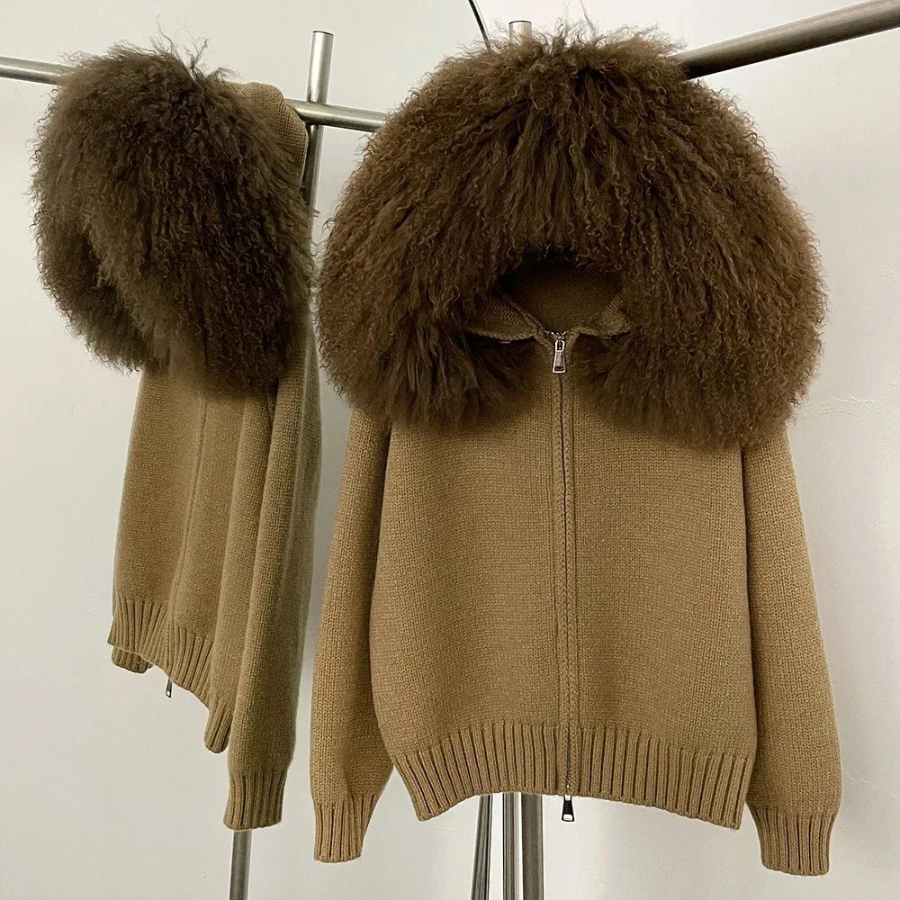 천연 여우털 여성 코트, 후드 니트 재킷, 가디건 울 스웨터, 고급 니트 재킷