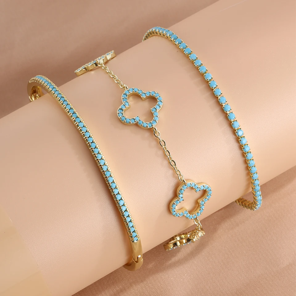 Yupsk 3 قطعة/1 قطعة تصميم المتخصصة الفيروز أربع أوراق زهرة تكويم سوار أساور للنساء مجوهرات رائعة هدية بالجملة