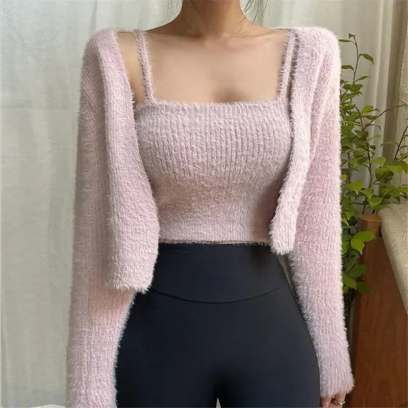 Women Korea Spring Long Sleeve Cropped Knitted Sweater and Vest Set Sueters De Mujer Vetement Femme 2022