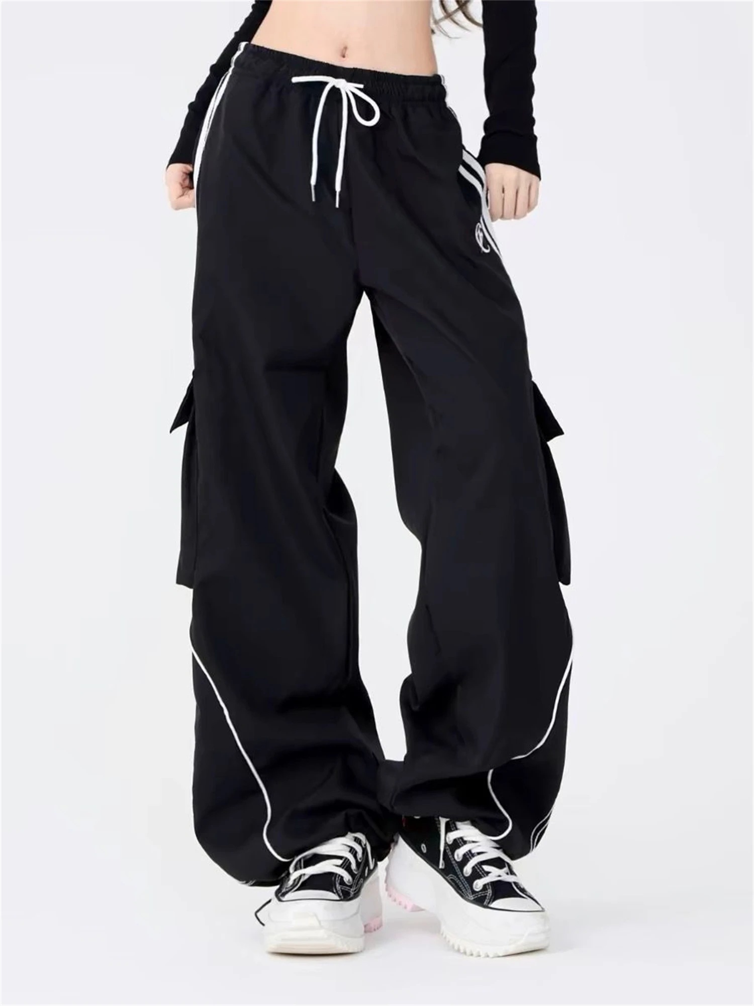 Y2K Women's Wide Leg Cargo Pants 2025 New Fashion Drawstring Waist Side Stripes Multiple Pockets Casual Streetwear Trousers