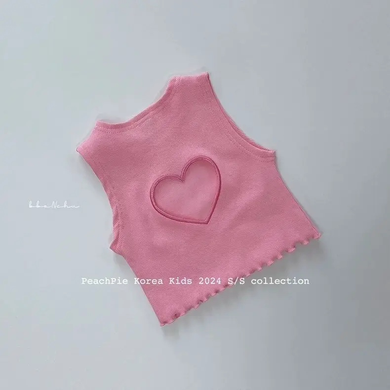 Korea Summer Kids Clothes Baby Girls Vest Cute Hollow Heart Pink Blue Vest Toddler Fashion Cropped Top Y2k Tee Tops 80-130cm