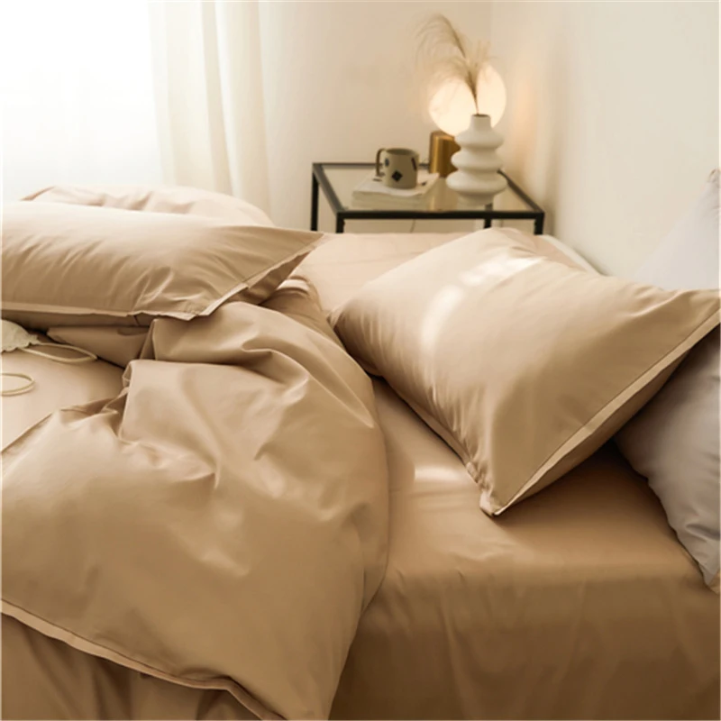 2024 Long-staple Cotton Four-piece Bed Linen Newest Plain Color Reactive Printing Cotton Bedding Simple Nordic Style Rose Gold