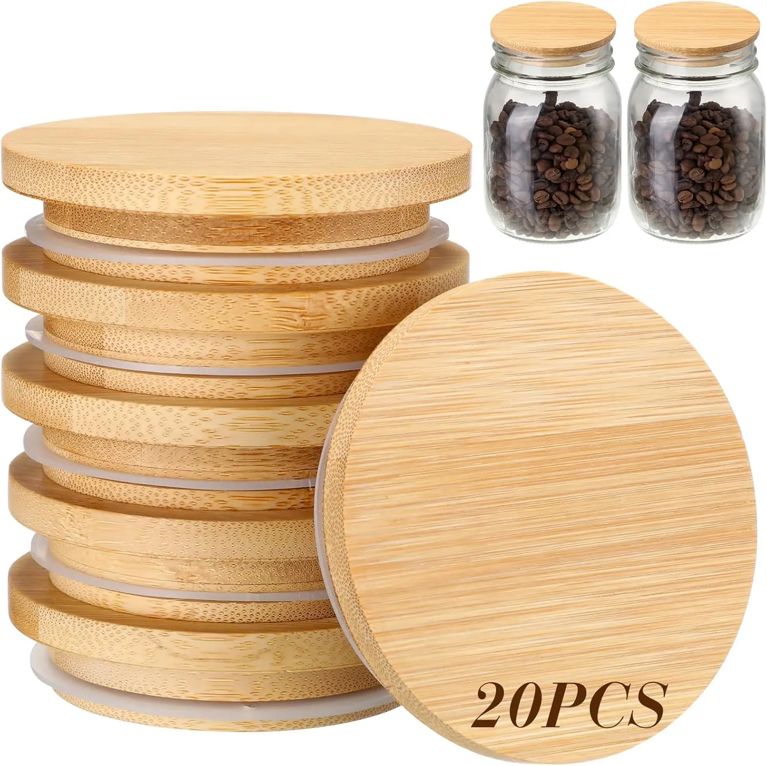 

Roshtia 20 Pack 85mm Wide Mouth Mason Jar Lids with Airtight Silicone Seal 3.25 Inch Reusable Wood Caps Leakproof Glass