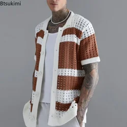 2026 Fashion Striped Patchwork Knitted Shirts for Men Summer Short-sleeved Hollow Out Tops Knit Casual Cardigan Male Streetwear