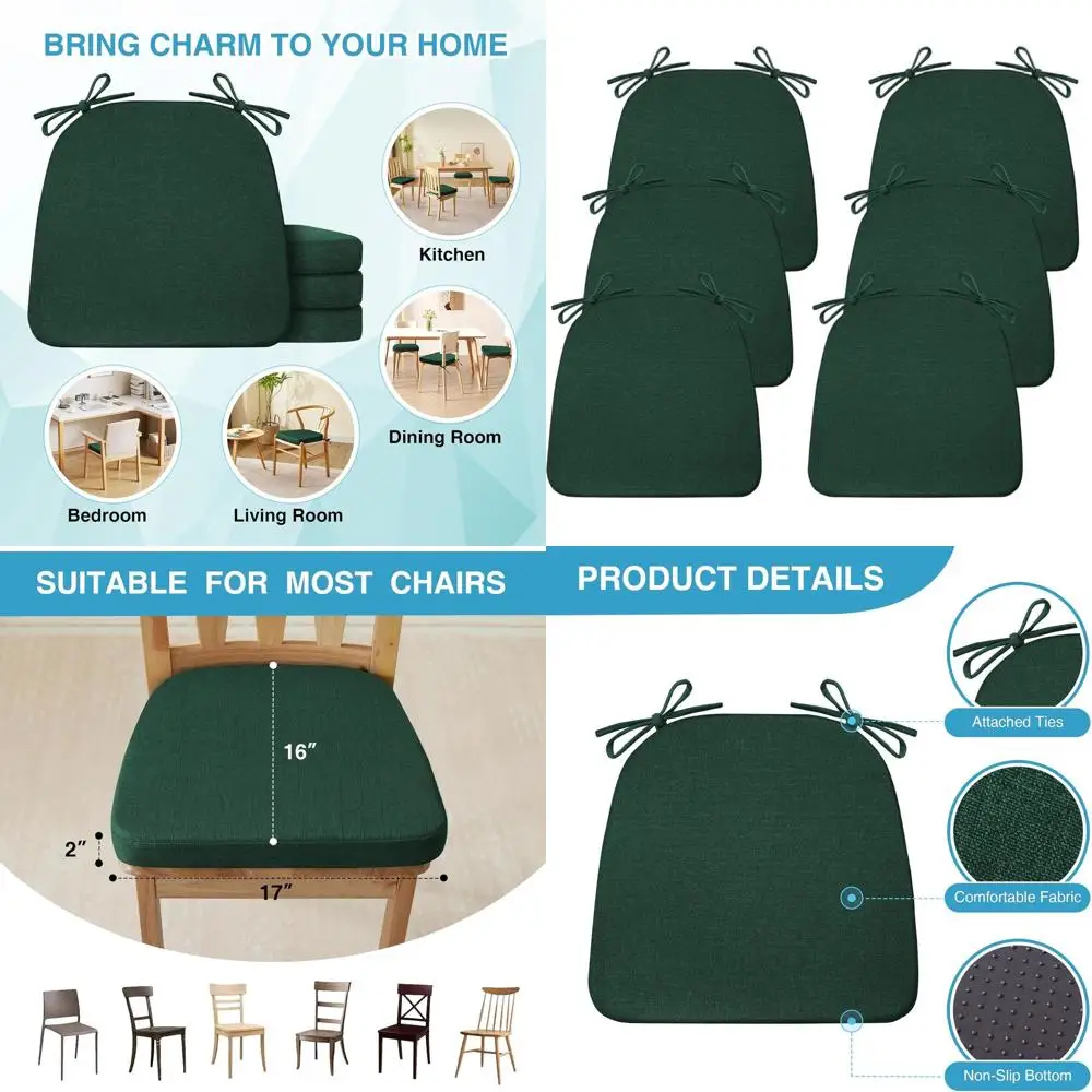 

Set of 6 Non-Slip Indoor Dining Chair Cushions, 17x16x2 Inches, Dark Green, with Ties for Kitchen Chairs